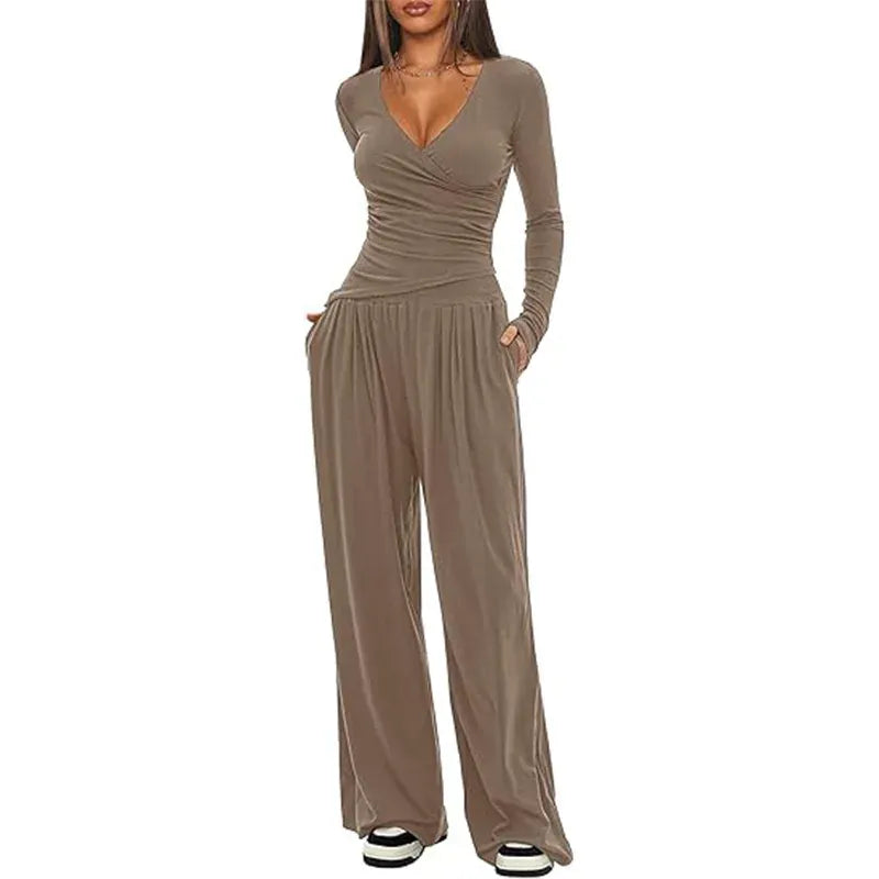 T-line wide leg pants set, women's long sleeves top  (5 - 10  work days free delivery)