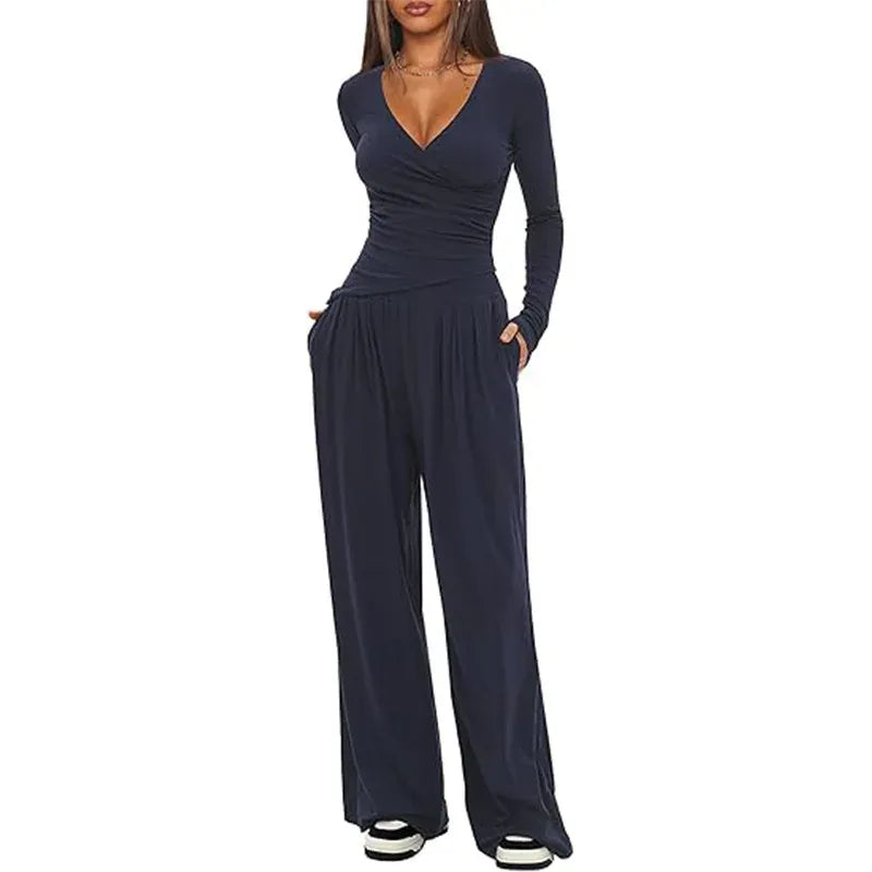 T-line wide leg pants set, women's long sleeves top  (5 - 10  work days free delivery)