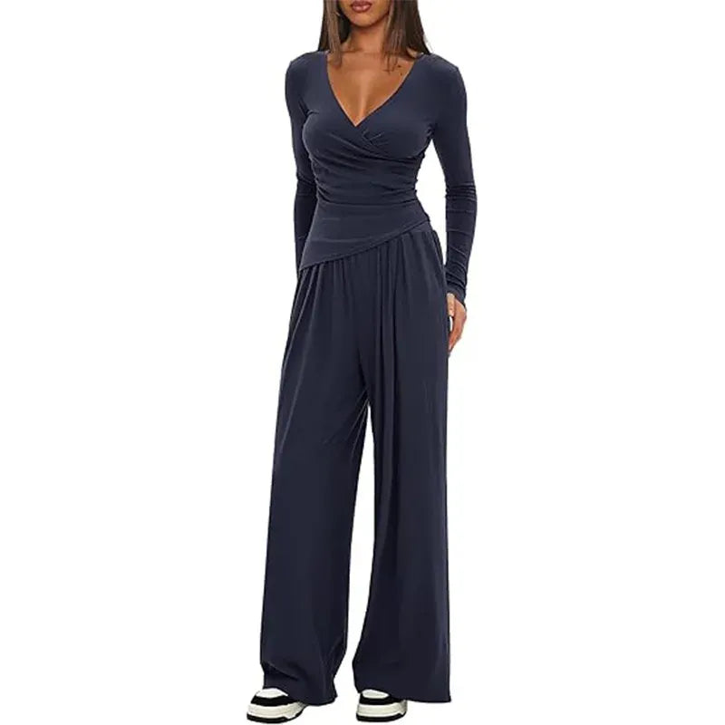 T-line wide leg pants set, women's long sleeves top  (5 - 10  work days free delivery)