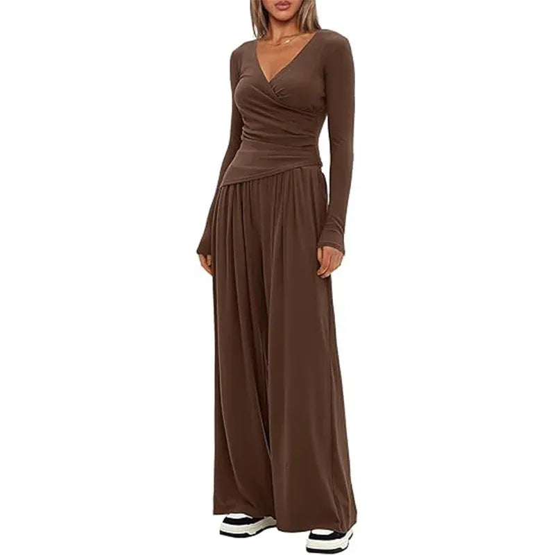 T-line wide leg pants set, women's long sleeves top  (5 - 10  work days free delivery)