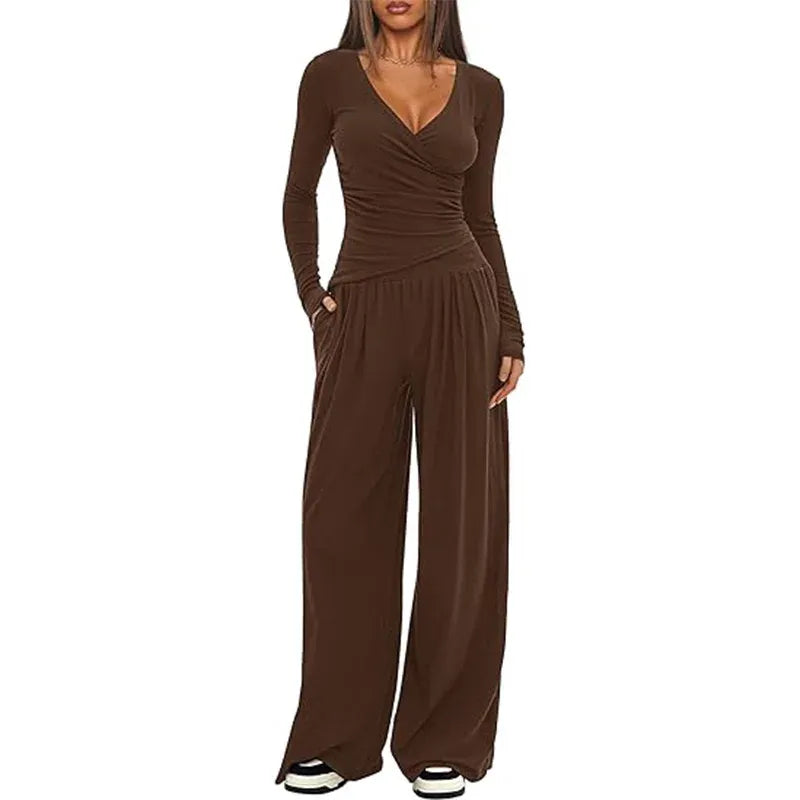 T-line wide leg pants set, women's long sleeves top  (5 - 10  work days free delivery)