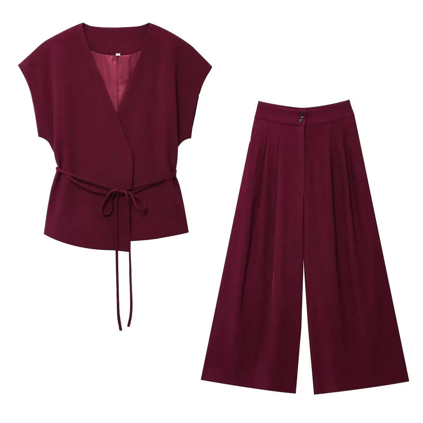 T-line Wine Red Set / XS Women's Trouser/pant  Suits Sleeveless V-Neck Top,  With Belt,  Straight Pants,   2 Piece Set (2 weeks delivery)