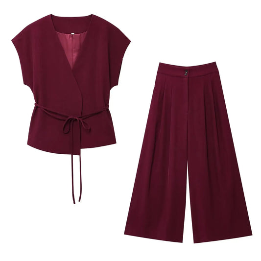 T-line Wine Red Set / XS Women's Trouser/pant  Suits Sleeveless V-Neck Top,  With Belt,  Straight Pants,   2 Piece Set (2 weeks delivery)