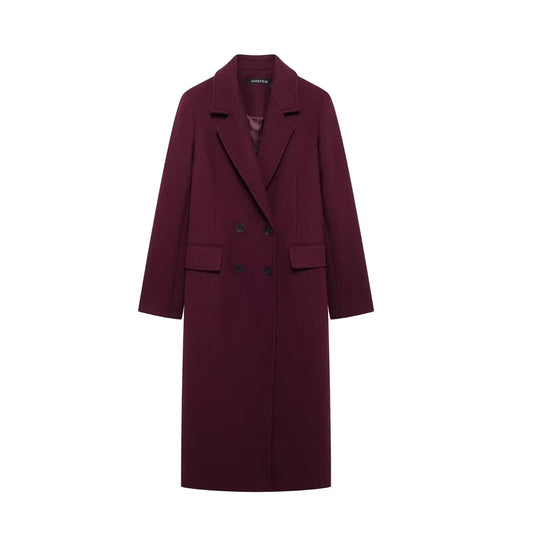 T-line Wine Red / XS Women Burgundy Woolen Coat Double Breasted Long Sleeve ,Jacket , coat(2 weeks delivery)