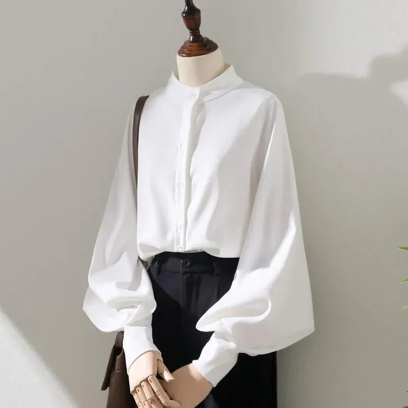 T-line Woman Blouses, Shirt,  Long Lantern Sleeve, Stand Collar, Loose Blusas, Tops  (2 weeks delivery)