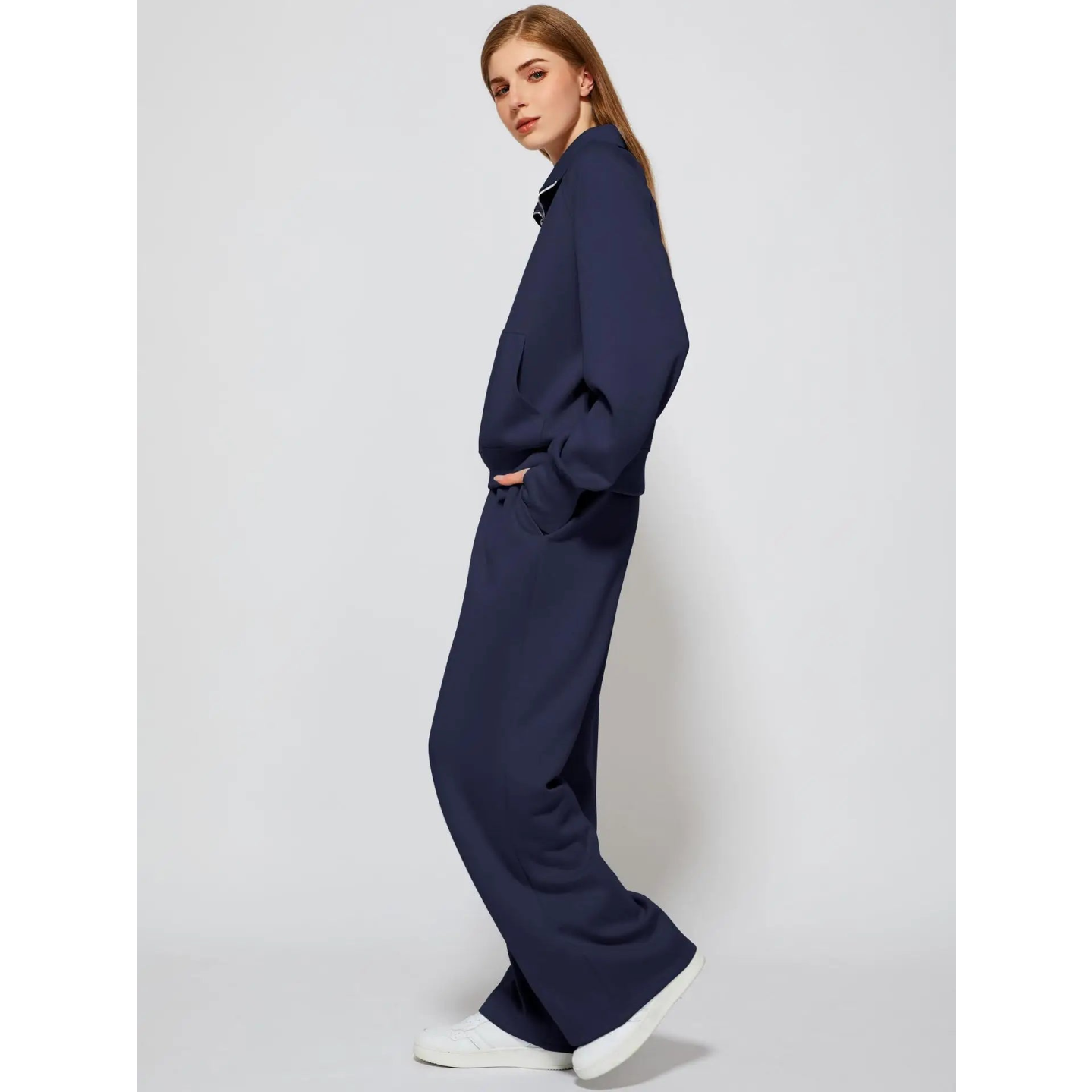 T-line Woman Solid Color Half Zip Long Sleeve Sweatshirt and Wide Leg Pants Set Casual Sporty Two Piece Outfit