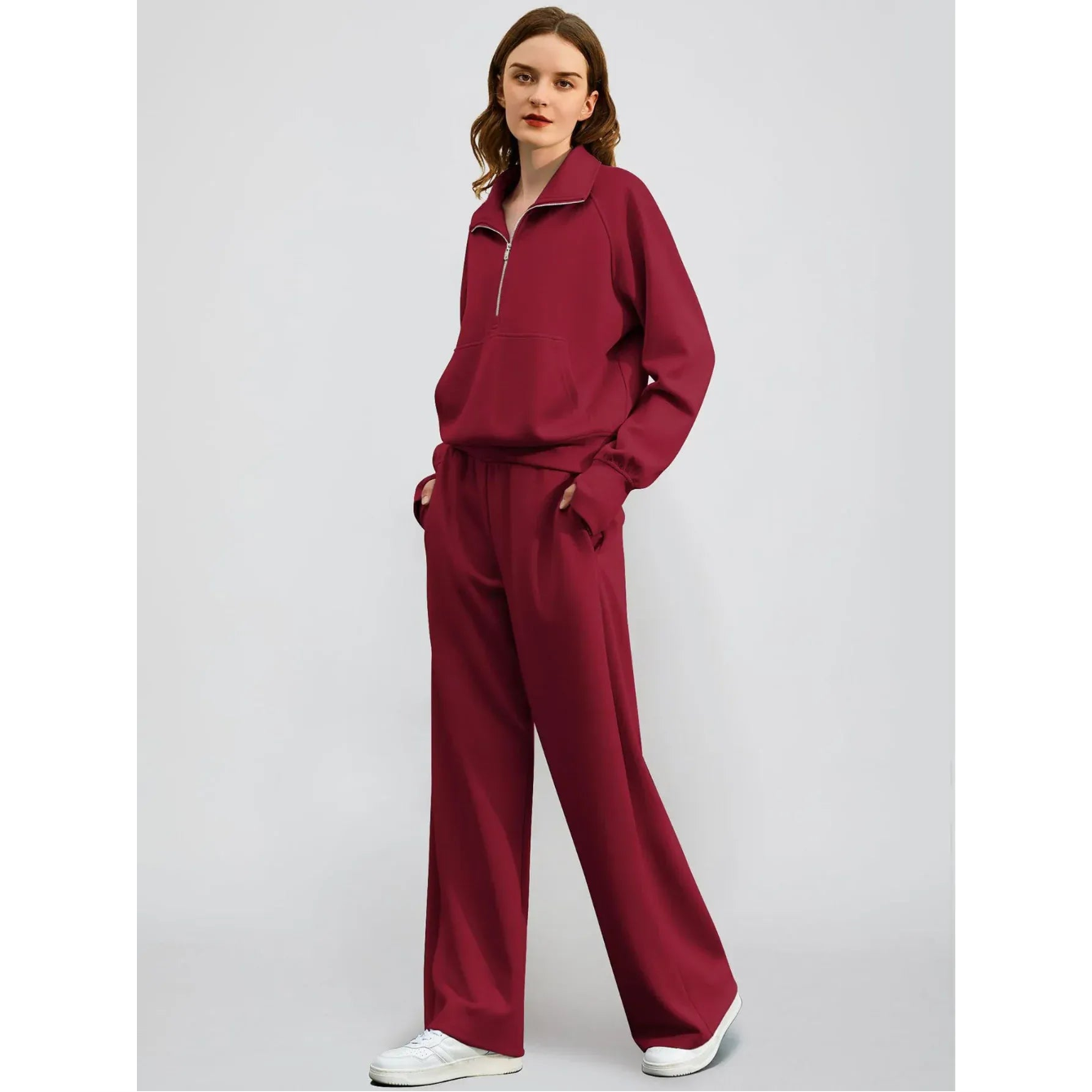 T-line Woman Solid Color Half Zip Long Sleeve Sweatshirt and Wide Leg Pants Set Casual Sporty Two Piece Outfit