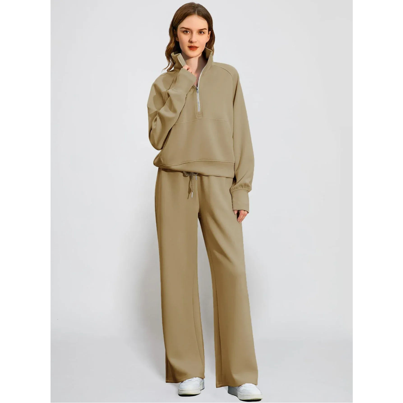 T-line Woman Solid Color Half Zip Long Sleeve Sweatshirt and Wide Leg Pants Set Casual Sporty Two Piece Outfit