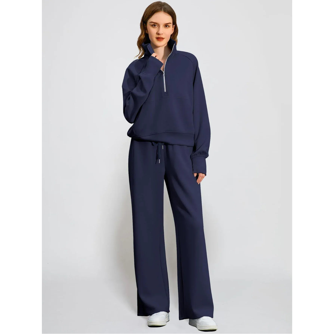 T-line Woman Solid Color Half Zip Long Sleeve Sweatshirt and Wide Leg Pants Set Casual Sporty Two Piece Outfit