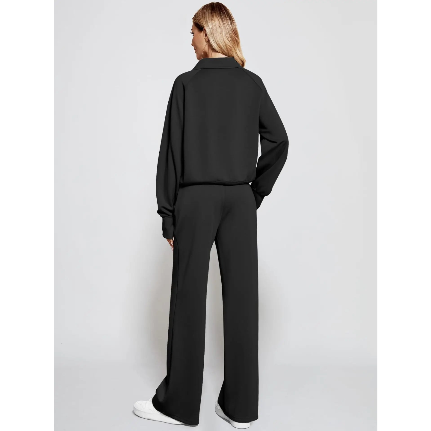 T-line Woman Solid Color Half Zip Long Sleeve Sweatshirt and Wide Leg Pants Set Casual Sporty Two Piece Outfit