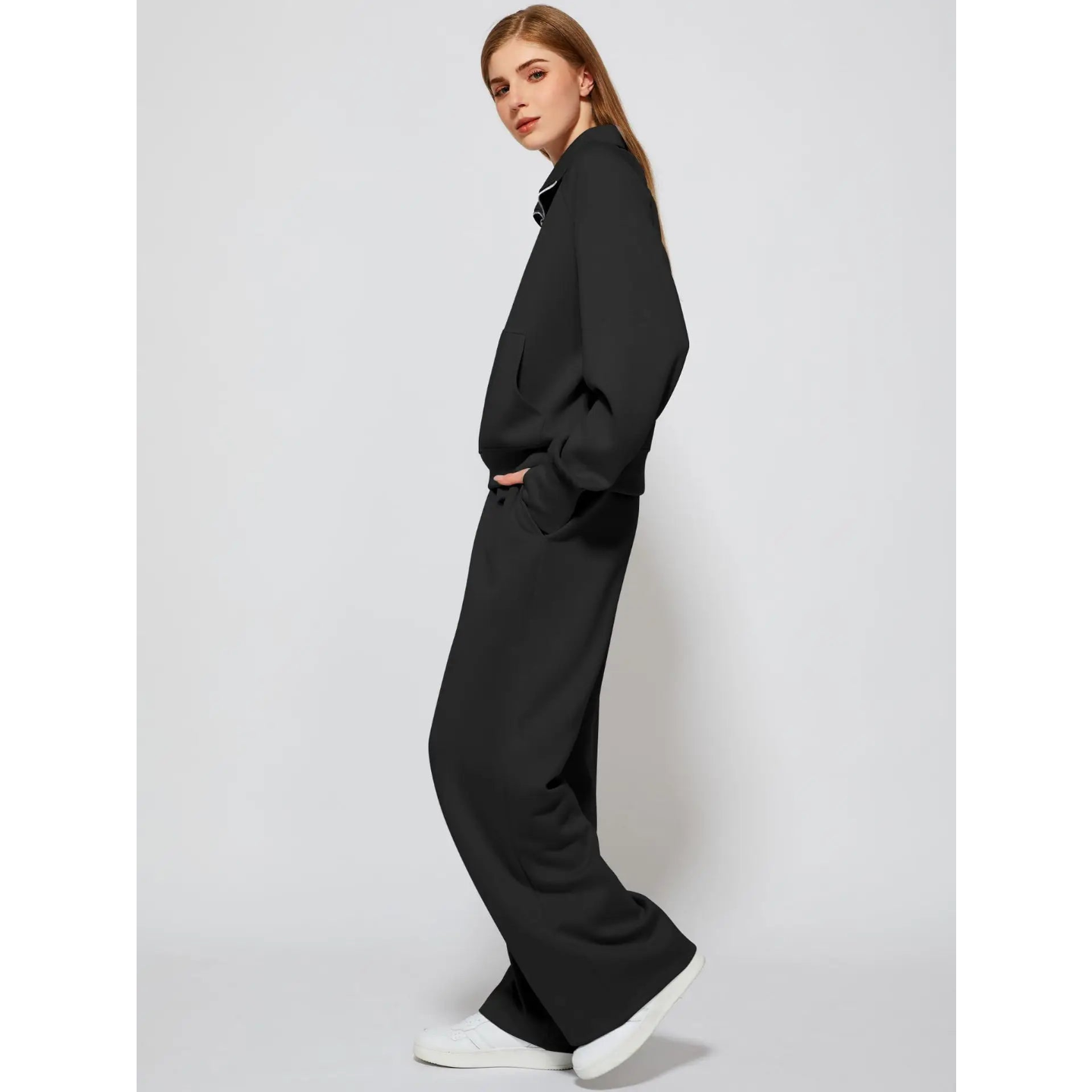 T-line Woman Solid Color Half Zip Long Sleeve Sweatshirt and Wide Leg Pants Set Casual Sporty Two Piece Outfit