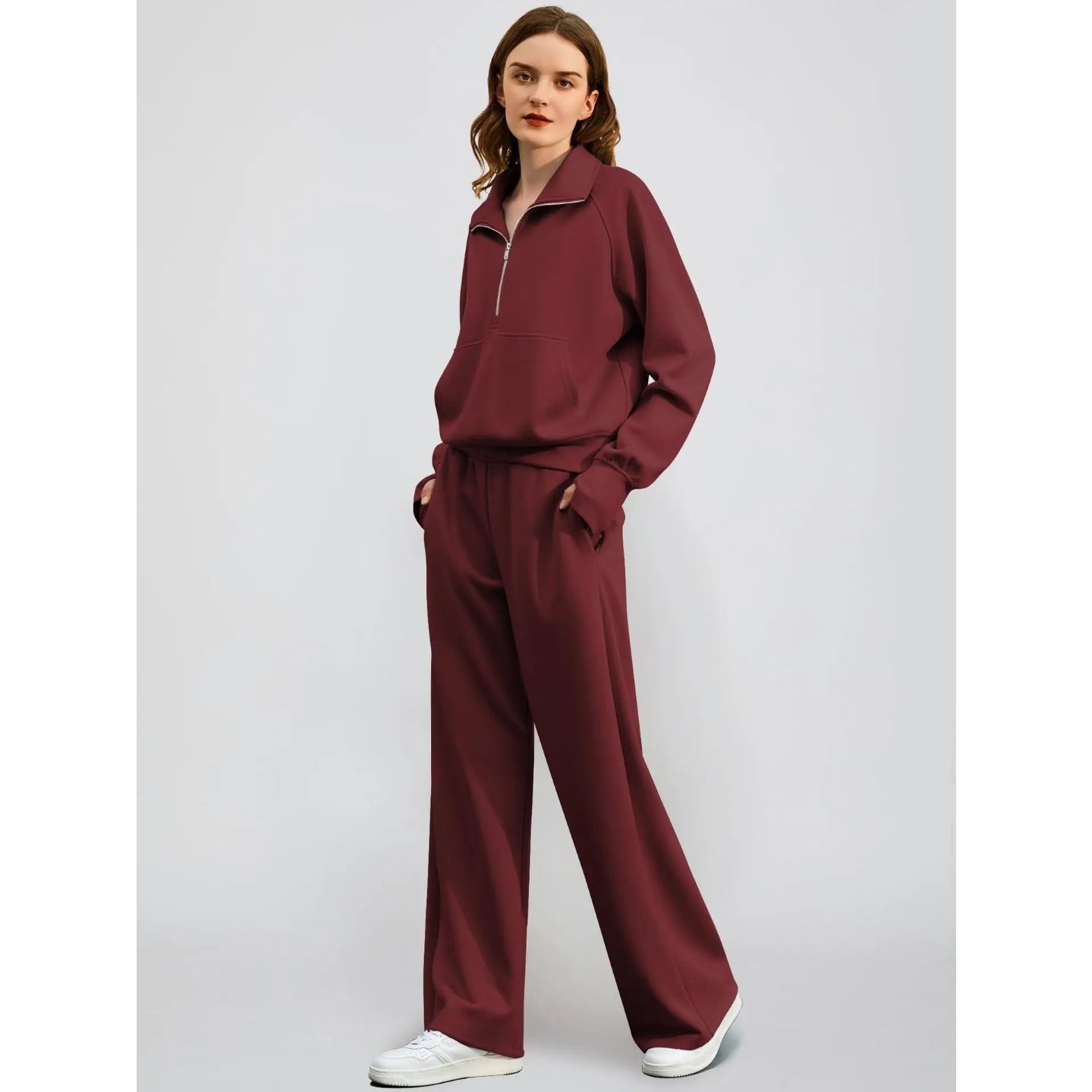 T-line Woman Solid Color Half Zip Long Sleeve Sweatshirt and Wide Leg Pants Set Casual Sporty Two Piece Outfit