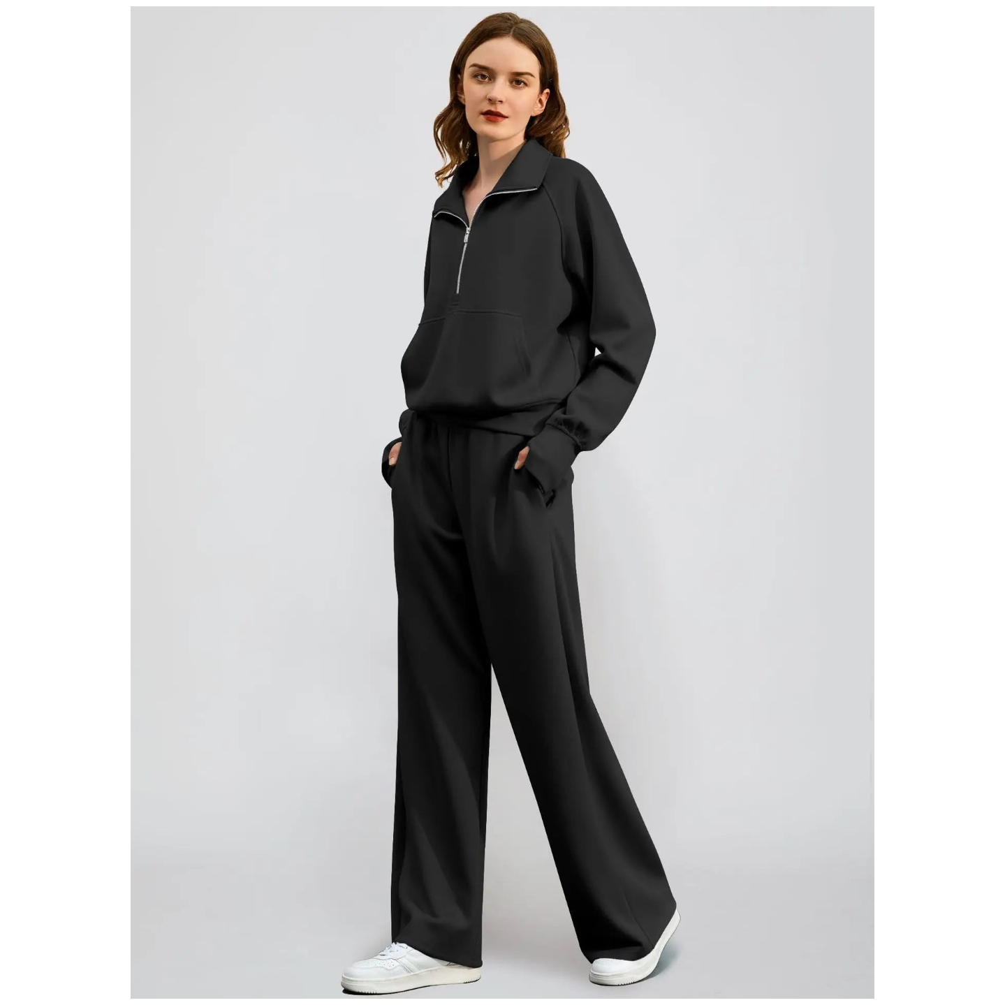 T-line Woman Solid Color Half Zip Long Sleeve Sweatshirt and Wide Leg Pants Set Casual Sporty Two Piece Outfit