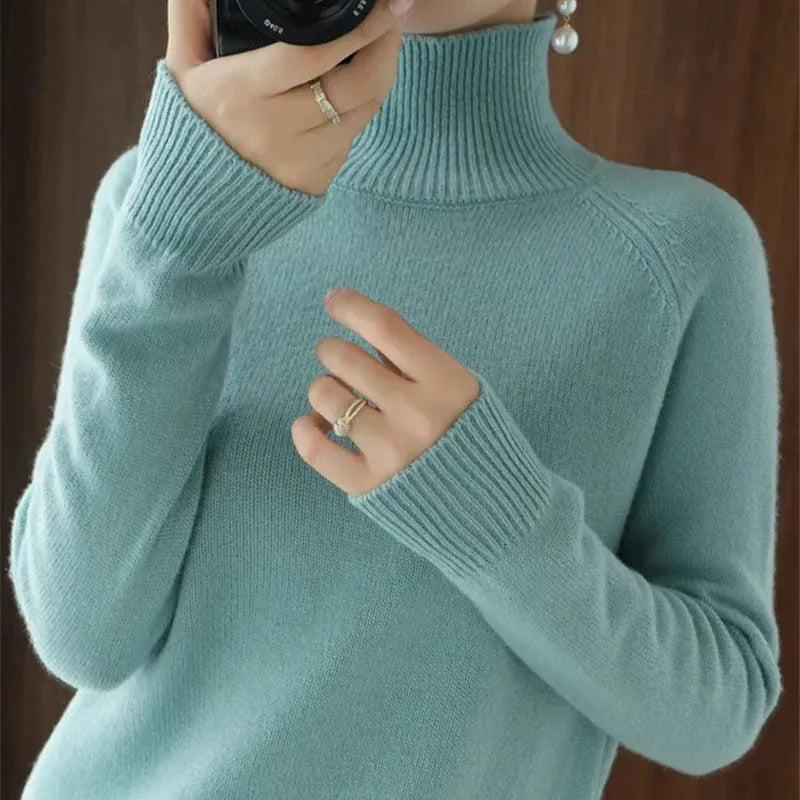 T-line Women Autumn Winter Turtleneck Sweater Elegant Slim Solid Ribbed Knitted Cashmere Jumpers Female Long Sleeve Pullover Knitwear (2 weeks delivery)