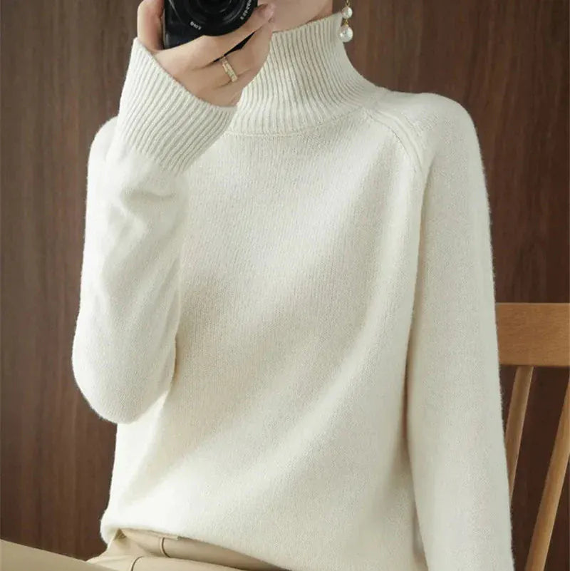 T-line Women Autumn Winter Turtleneck Sweater Elegant Slim Solid Ribbed Knitted Cashmere Jumpers Female Long Sleeve Pullover Knitwear (2 weeks delivery)