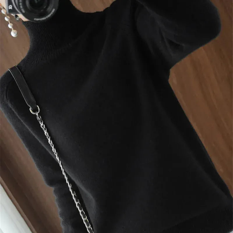 T-line Women Autumn Winter Turtleneck Sweater Elegant Slim Solid Ribbed Knitted Cashmere Jumpers Female Long Sleeve Pullover Knitwear (2 weeks delivery)