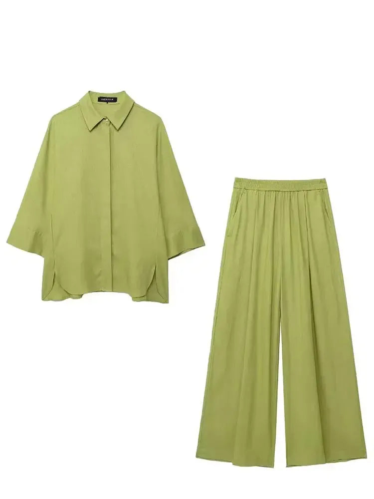 T-line Women  Blouse Pant Sets,  Loose Long Sleeve, Shirts,  Wide Leg Trousers Suit (2 weeks delivery)