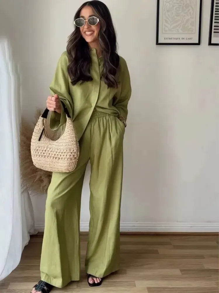 T-line Women  Blouse Pant Sets,  Loose Long Sleeve, Shirts,  Wide Leg Trousers Suit (2 weeks delivery)