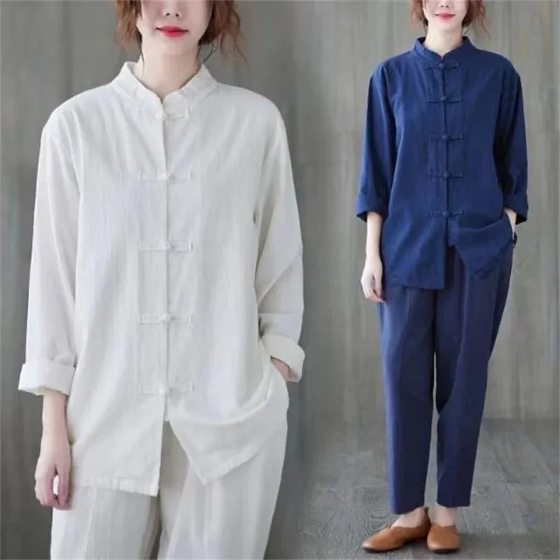 T-line Women  Cotton Linen Casual Shirts, Chinese Style,  Female Long Sleeve Tops, shirt  (2 weeks delivery)