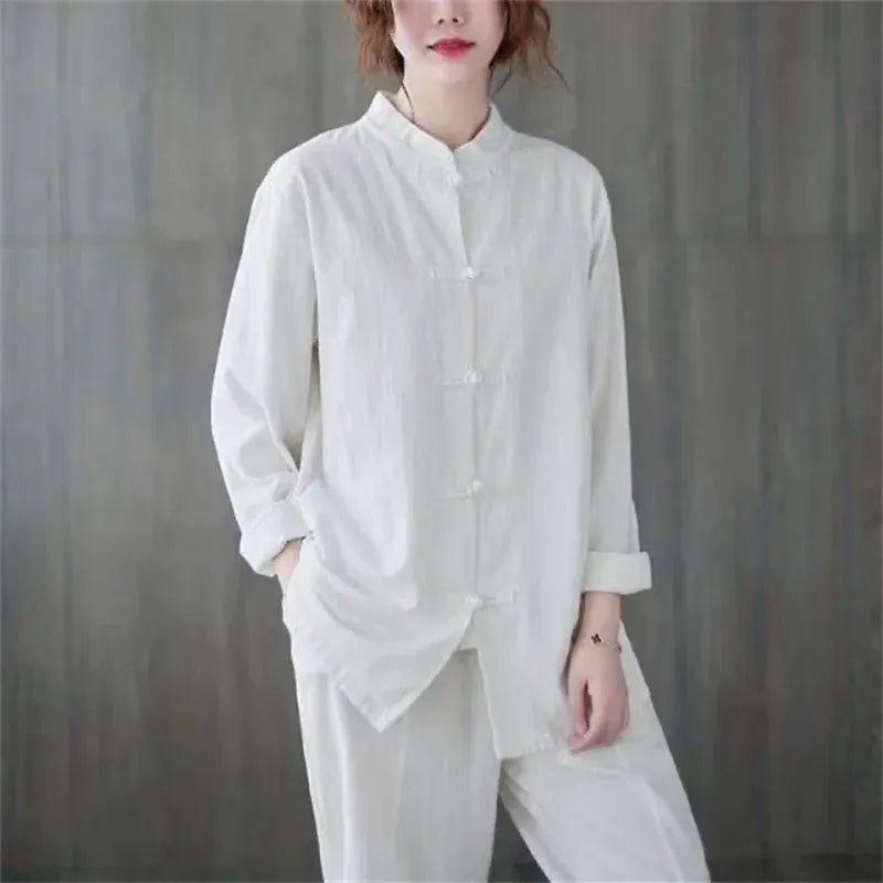T-line Women  Cotton Linen Casual Shirts, Chinese Style,  Female Long Sleeve Tops, shirt  (2 weeks delivery)