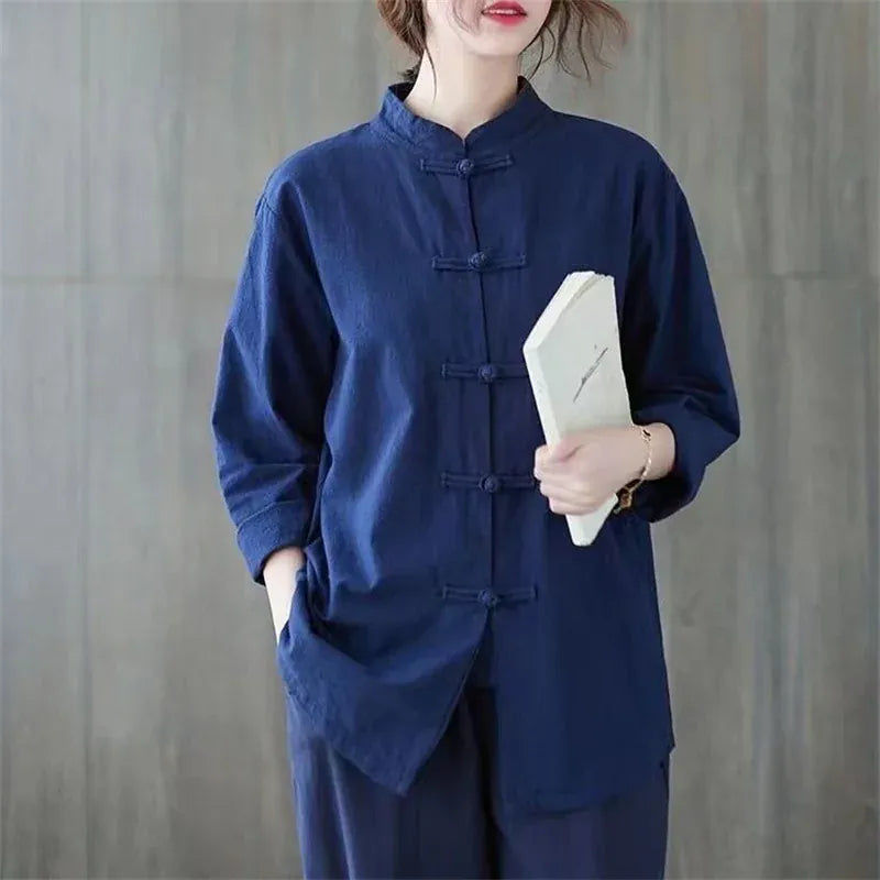 T-line Women  Cotton Linen Casual Shirts, Chinese Style,  Female Long Sleeve Tops, shirt  (2 weeks delivery)