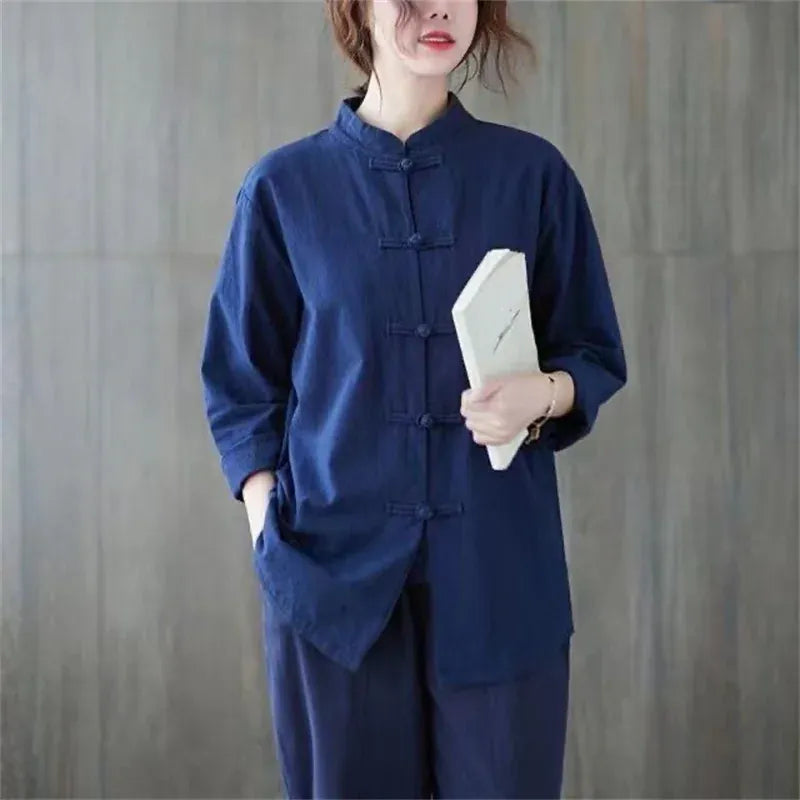 T-line Women  Cotton Linen Casual Shirts, Chinese Style,  Female Long Sleeve Tops, shirt  (2 weeks delivery)