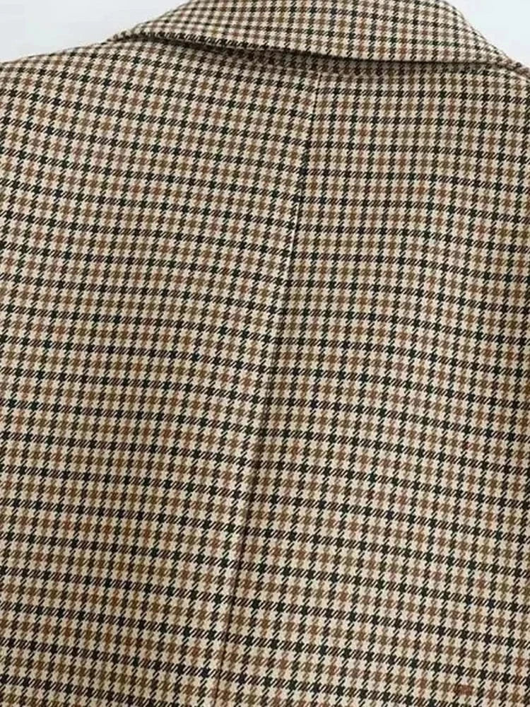 T-line Women  Double Breasted Plaid Blazer,  Long Sleeve, Flap Pockets, jacket, set, suit, skirt (2 weeks delivery)