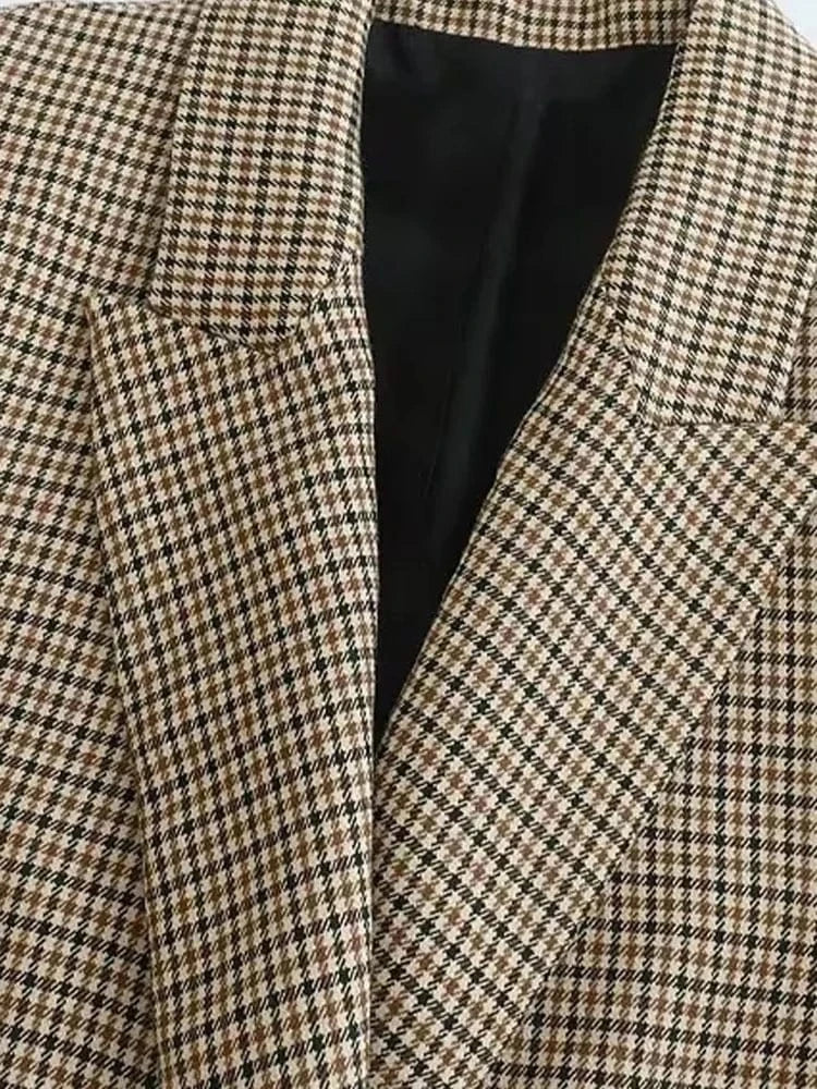 T-line Women  Double Breasted Plaid Blazer,  Long Sleeve, Flap Pockets, jacket, set, suit, skirt (2 weeks delivery)