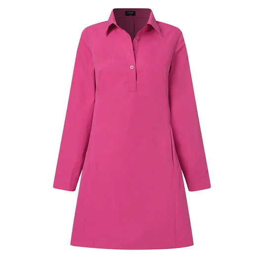 T-line Women Dress,  Long Sleeve, Solid Color, Shirt style, Loose, Buttons, Pockets, Short Mini  (2 weeks delivery)