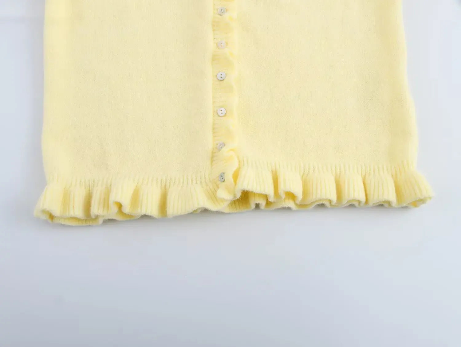 T-line Women Fall Elegant Knit Cardigan Yellow Petal Sleeve Sweater 2025 Autumn Fashion Versatile Sweet Vibrant Sweater Cardigan