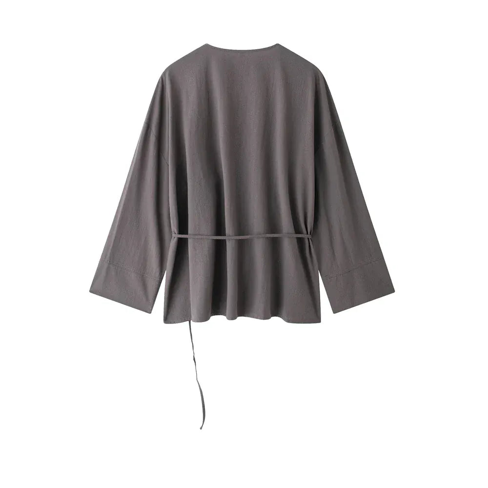 T-line Women Kimono Blouses And High  Waist Side Pockets Pants , Two Piece Sets, suit  (2 weeks delivery)