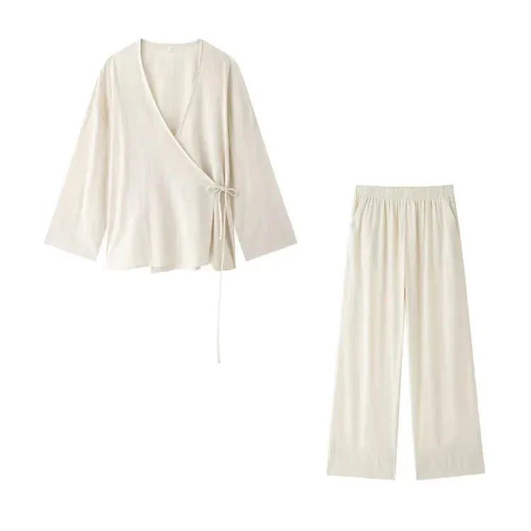 T-line Women Kimono Blouses And High  Waist Side Pockets Pants , Two Piece Sets, suit  (2 weeks delivery)