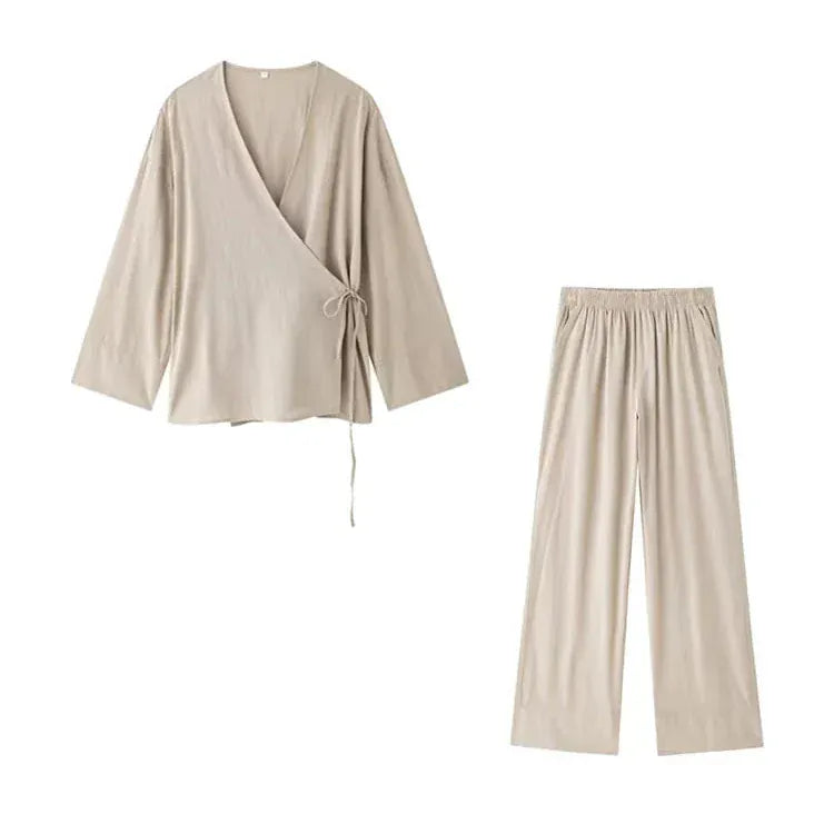 T-line Women Kimono Blouses And High  Waist Side Pockets Pants , Two Piece Sets, suit  (2 weeks delivery)