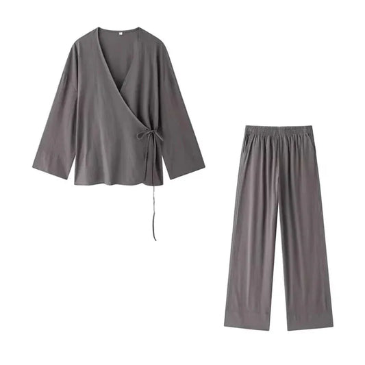 T-line Women Kimono Blouses And High  Waist Side Pockets Pants , Two Piece Sets, suit  (2 weeks delivery)