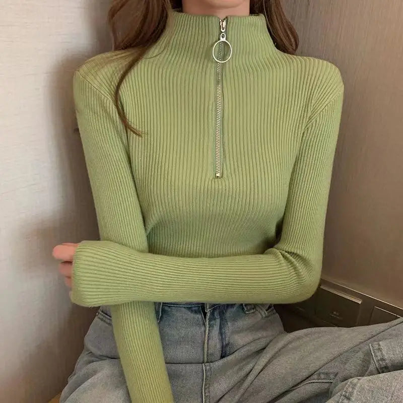 T-line Women Knitted Sweaters,  Long Sleeve , Zip-up,  Basic Female Pullovers  (2 weeks delivery)