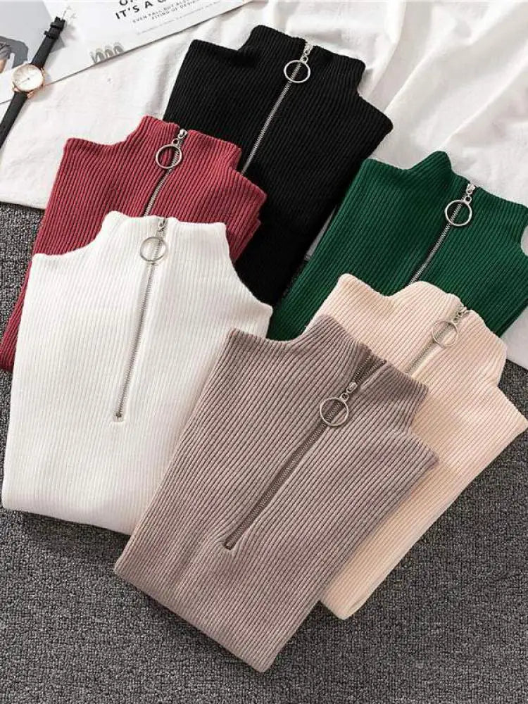 T-line Women Knitted Sweaters,  Long Sleeve , Zip-up,  Basic Female Pullovers  (2 weeks delivery)