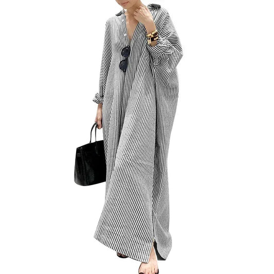 T-line Women Long Dress, Striped, Straight , Shirt Dress, long loose Sleeve (2 weeks delivery)