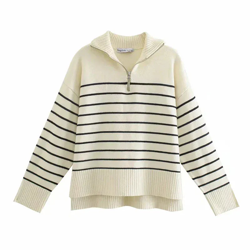 T-line Women  Loose Striped,  Knitted Sweaters, pullover,   Long Sleeve,  Zip-up,  Knitwear  (2 weeks delivery)