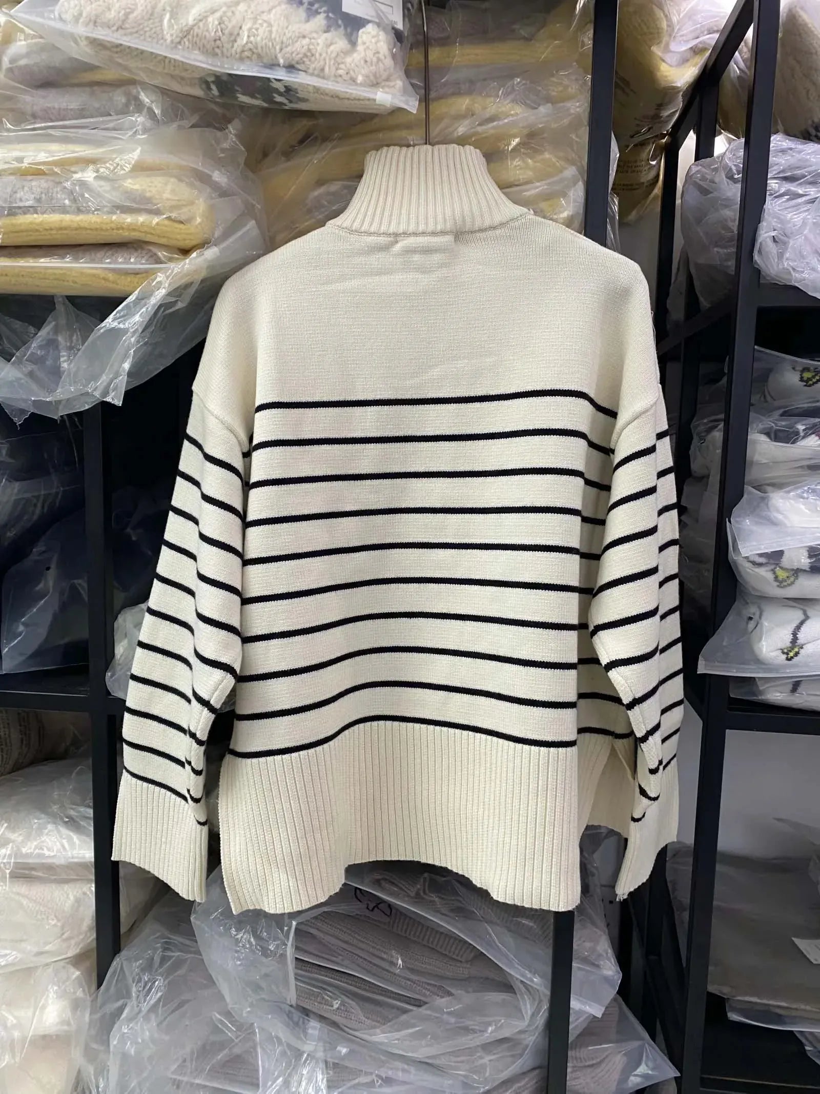 T-line Women  Loose Striped,  Knitted Sweaters, pullover,   Long Sleeve,  Zip-up,  Knitwear  (2 weeks delivery)