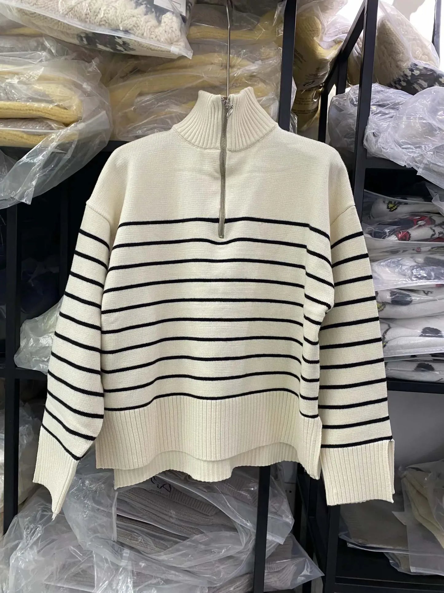 T-line Women  Loose Striped,  Knitted Sweaters, pullover,   Long Sleeve,  Zip-up,  Knitwear  (2 weeks delivery)
