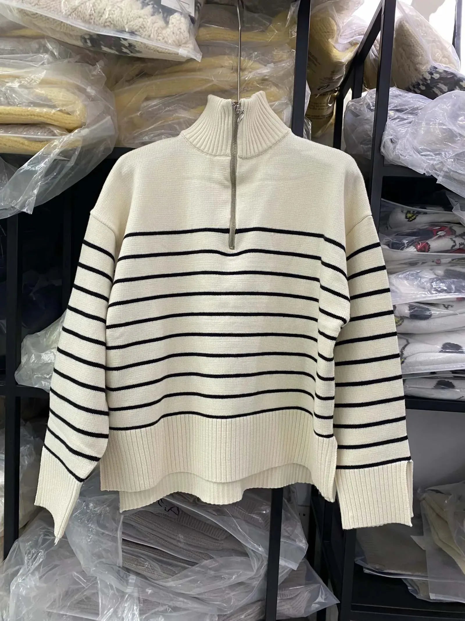 T-line Women  Loose Striped,  Knitted Sweaters, pullover,   Long Sleeve,  Zip-up,  Knitwear  (2 weeks delivery)