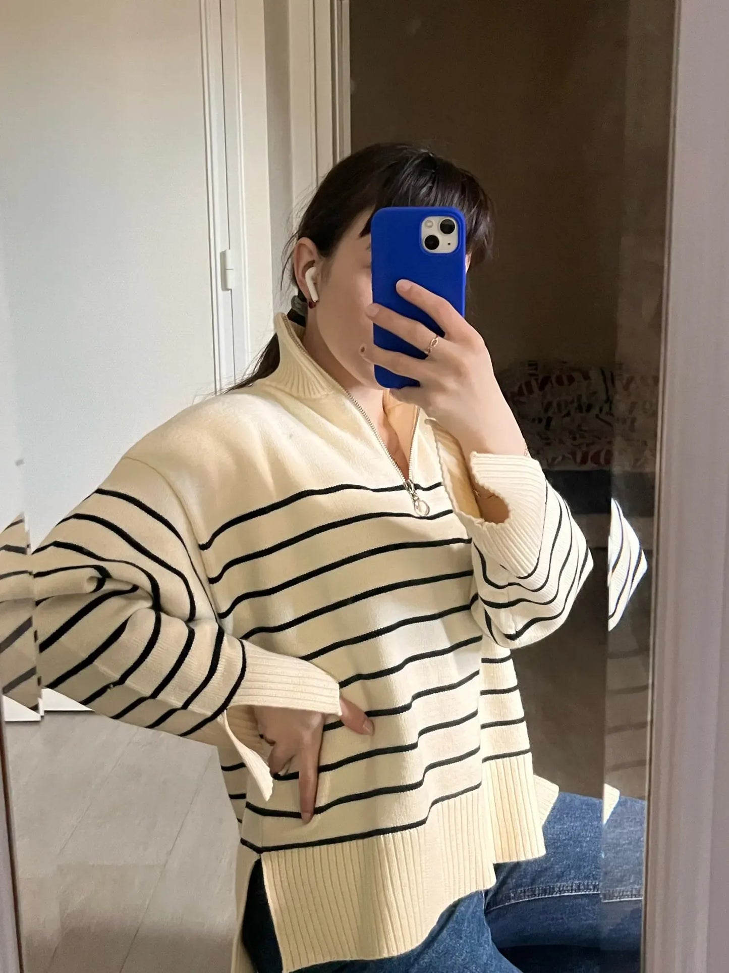 T-line Women  Loose Striped,  Knitted Sweaters, pullover,   Long Sleeve,  Zip-up,  Knitwear  (2 weeks delivery)