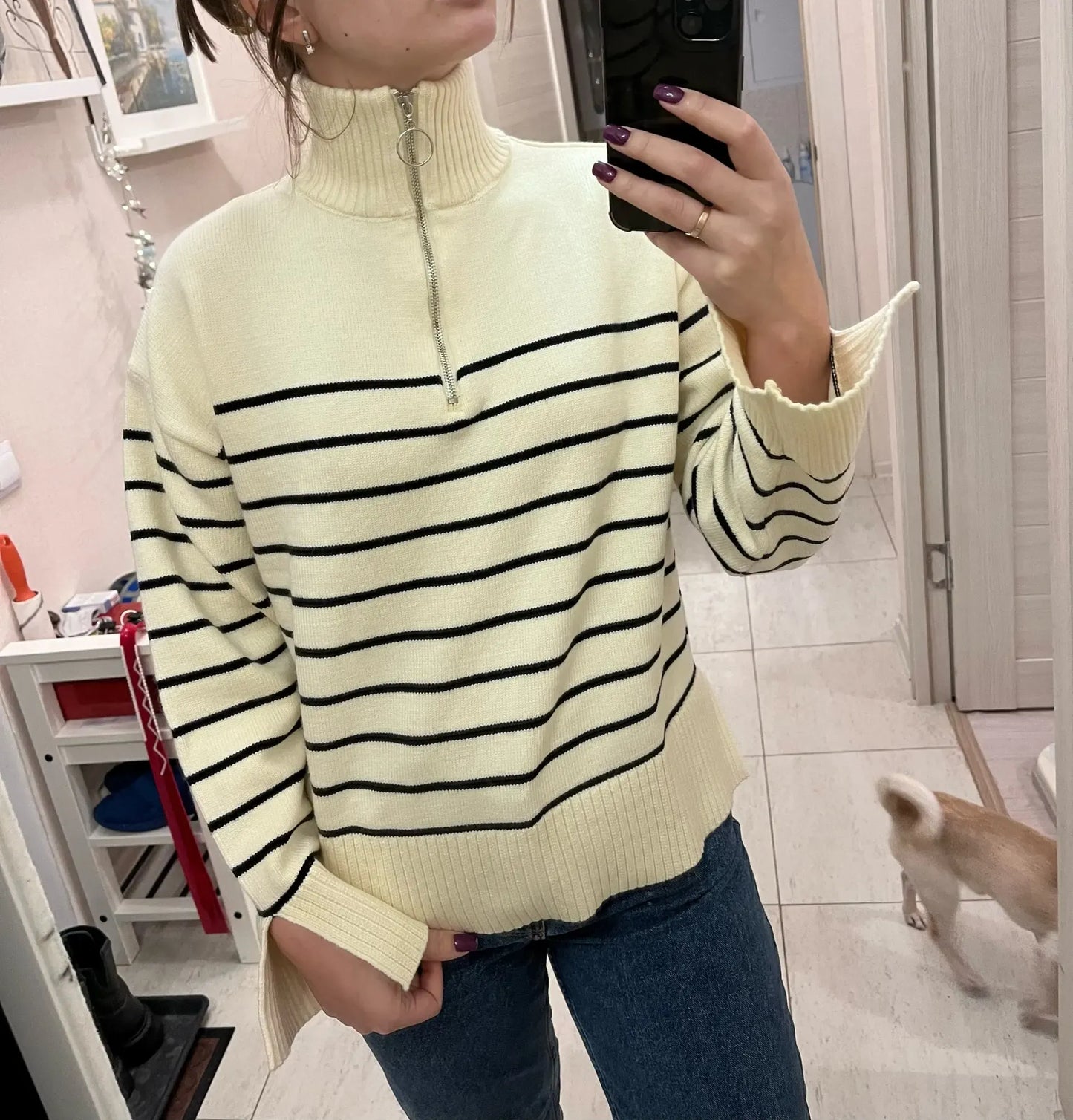 T-line Women  Loose Striped,  Knitted Sweaters, pullover,   Long Sleeve,  Zip-up,  Knitwear  (2 weeks delivery)