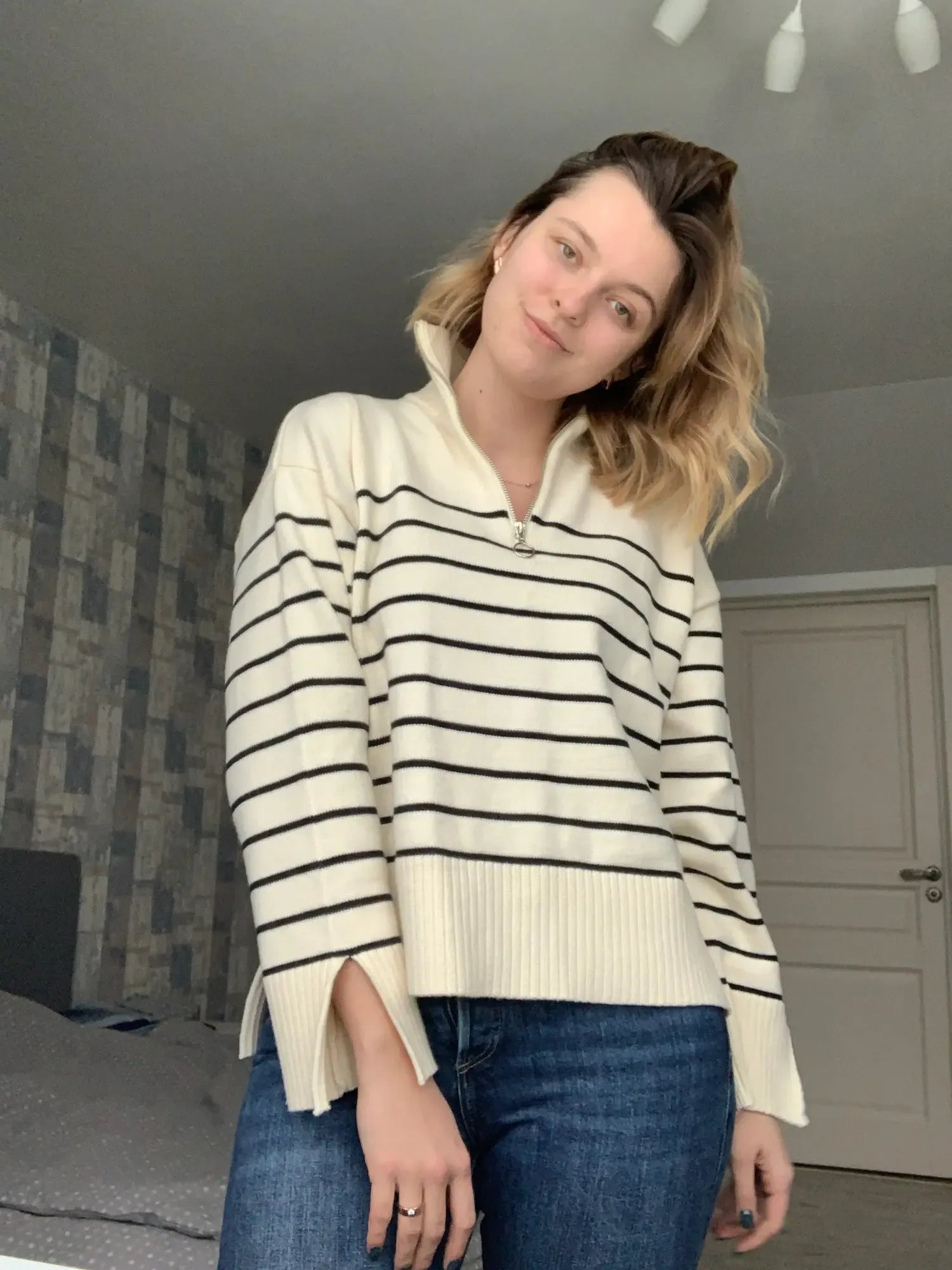 T-line Women  Loose Striped,  Knitted Sweaters, pullover,   Long Sleeve,  Zip-up,  Knitwear  (2 weeks delivery)