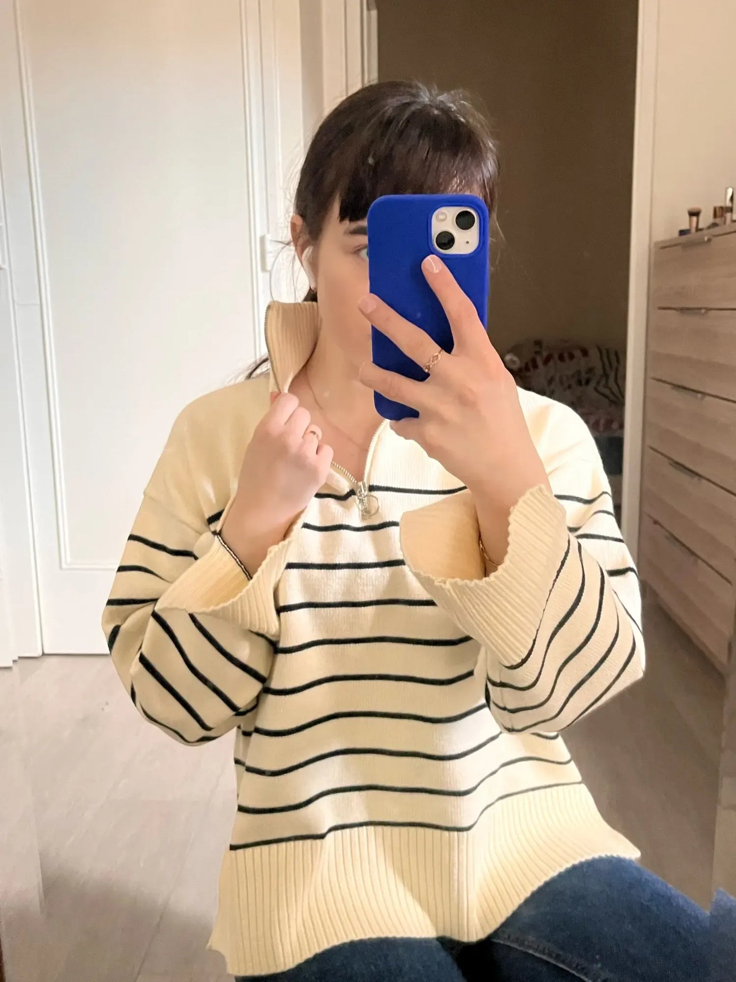 T-line Women  Loose Striped,  Knitted Sweaters, pullover,   Long Sleeve,  Zip-up,  Knitwear  (2 weeks delivery)