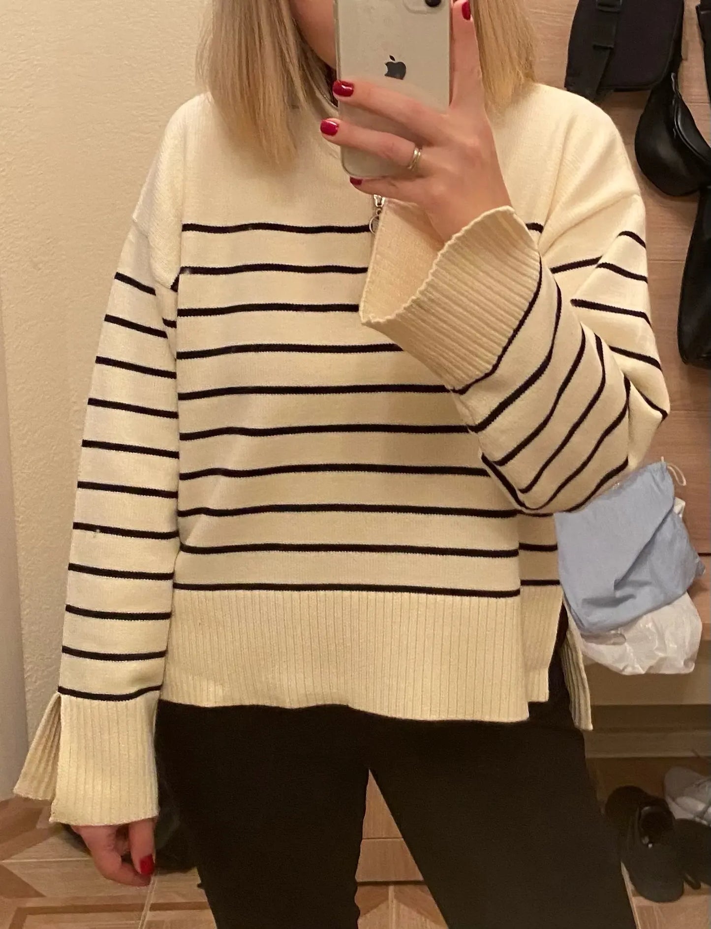 T-line Women  Loose Striped,  Knitted Sweaters, pullover,   Long Sleeve,  Zip-up,  Knitwear  (2 weeks delivery)