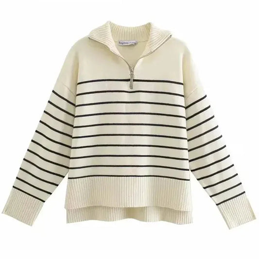 T-line Women  Loose Striped,  Knitted Sweaters, pullover,   Long Sleeve,  Zip-up,  Knitwear  (2 weeks delivery)