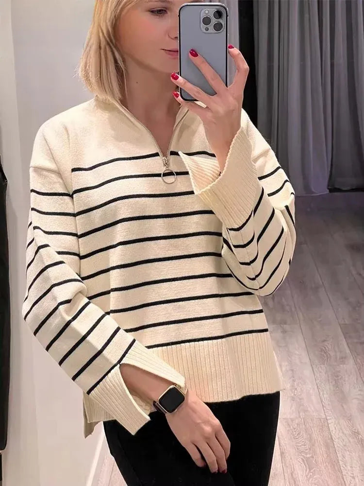 T-line Women  Loose Striped,  Knitted Sweaters, pullover,   Long Sleeve,  Zip-up,  Knitwear  (2 weeks delivery)