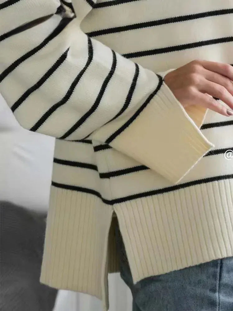 T-line Women  Loose Striped,  Knitted Sweaters, pullover,   Long Sleeve,  Zip-up,  Knitwear  (2 weeks delivery)