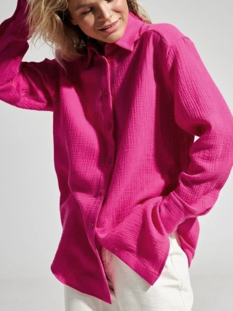 T-line Women's 100% Cotton Shirts, Solid color,  Long Sleeve, Loose Top,s Crepe Shirts, blouse (2 weeks delivery)